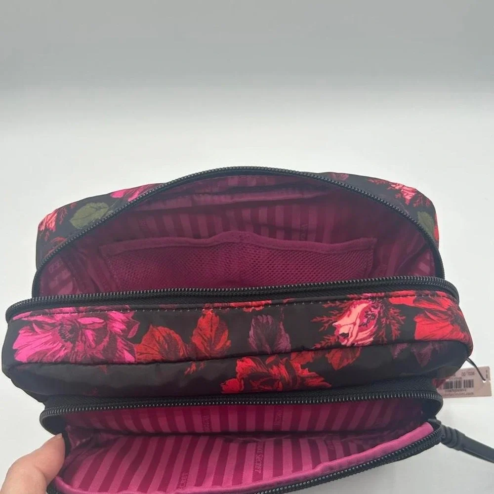 Victoria's Secret Dark Floral Double Zip Cosmetic Bag Travel Pouch NWT